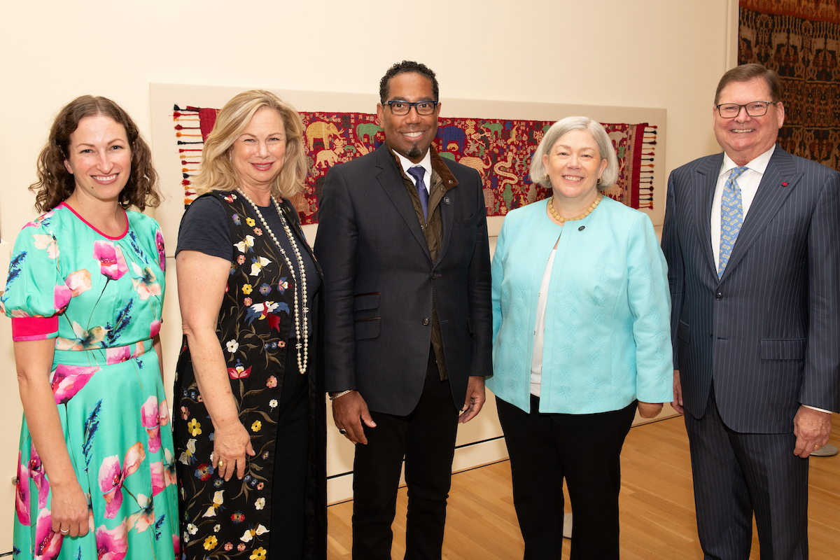 L to R: Eliza Ward, museum development director; Vice President of Development and Alumni Relations Donna Arbide; Provost Christopher Bracey; President Granberg; Bruce Baganz, Textile Museum board chair and GW Museum board co-chair. (Dave Scavone)