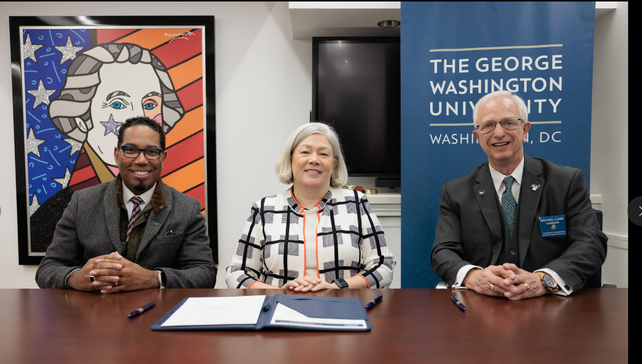 Provost Christopher Bracey (l), President Ellen M. Granberg and Wolcott Foundation Chair Michael Clark.