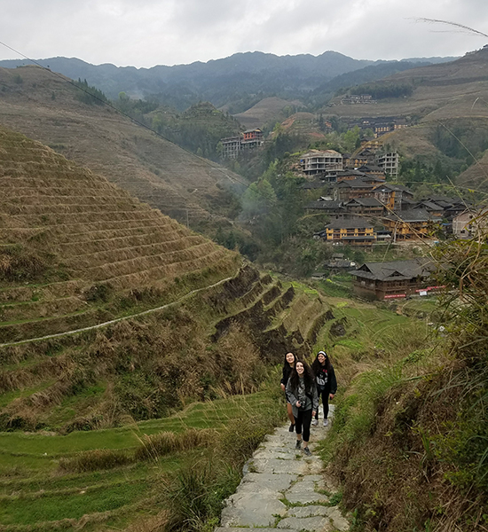 GW Global Programs students hike near Longshi Rice Terraces near Guilin, China