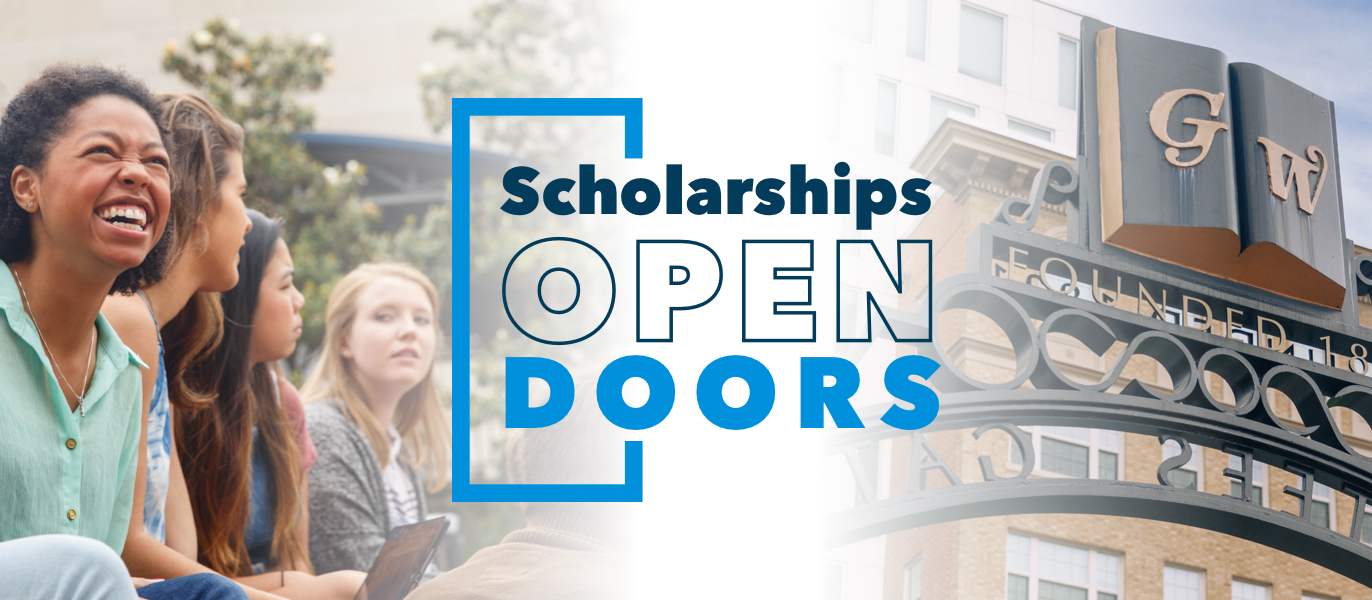 Scholarships Open Doors - Laughing students with a text treatment and Professors Gate on the right of the image.