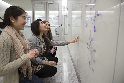 Students Jennifer B Lee, Hannah Yi, and Samantha Starr work on organic chemistry using one of the many writable surfaces in the Science and Engineering Hall.