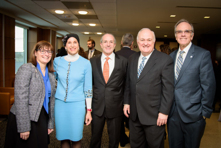 From left: Dr. Erica Brown, Manette Mayberg, Louis Mayberg, President Steven Knapp, and Dean Michael Feuer at the Mayberg Center